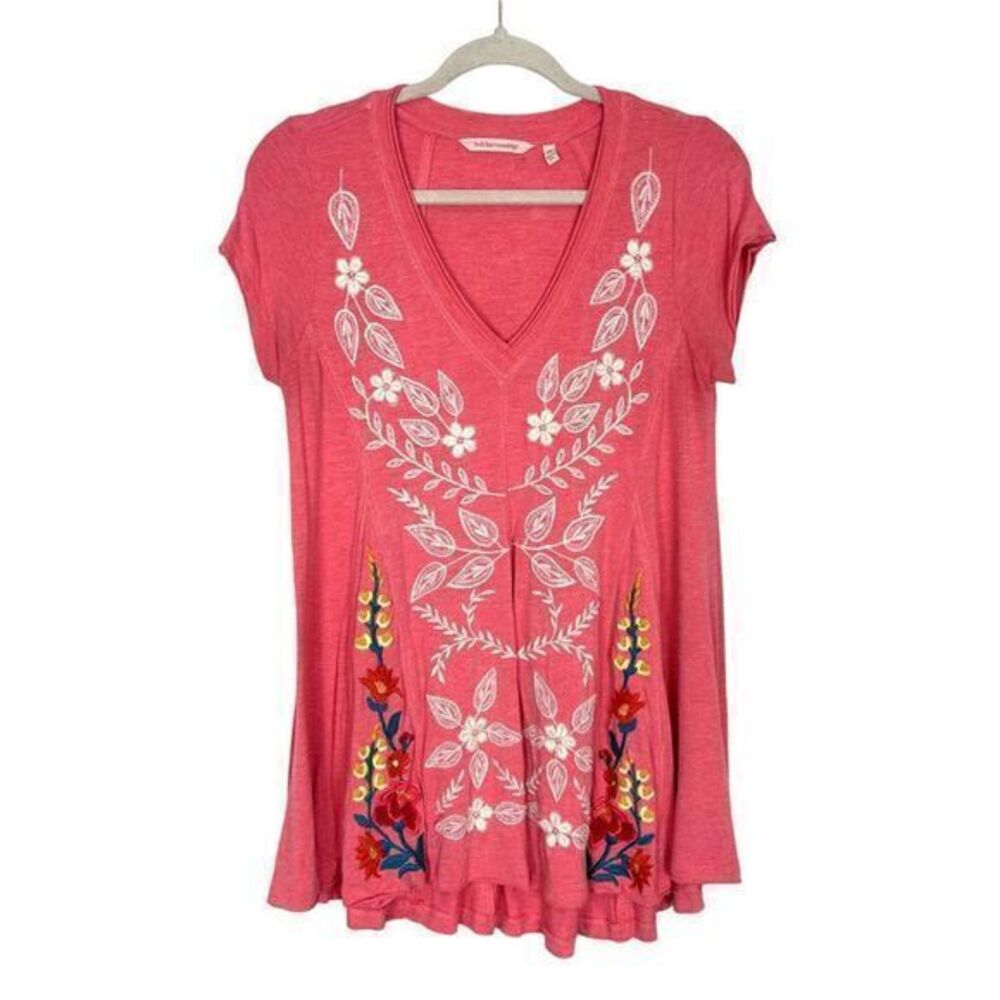 Soft Surroundings Blouse XS Pink Flora Embroidered Floral Boho Tunic Top Knit